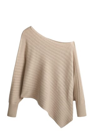 Pulover bej cu dungi tricotate, tiv asimetric și mansete late, cu decolteu larg tip barcă și mâneci lungi.