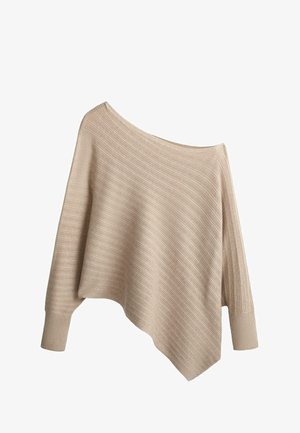 Pulover bej cu dungi tricotate, tiv asimetric și mansete late, cu decolteu larg tip barcă și mâneci lungi.