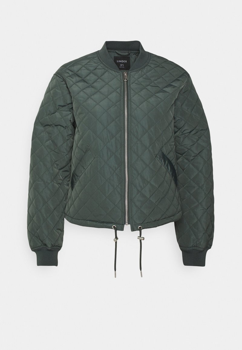 Veste matelassée vert foncé avec fermeture éclair à l'avant, col et poignets côtelés, et cordons ajustables à l'ourlet.