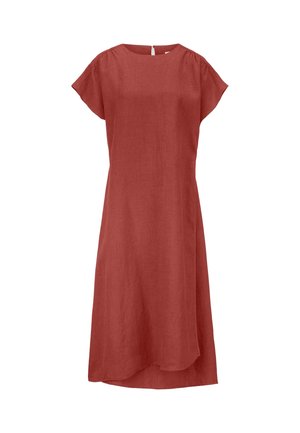 Knielanges Kleid in Rostfarbe mit kurzen Ärmeln, rundem Ausschnitt und leicht asymmetrischem Saum.