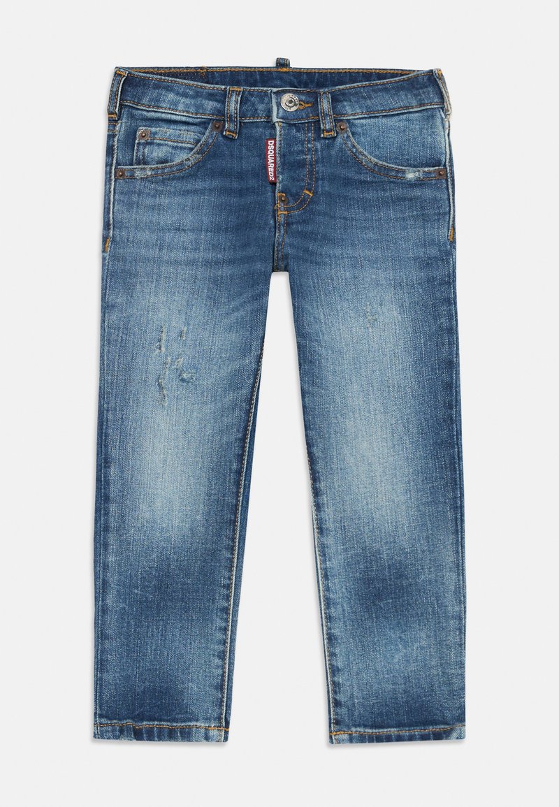 Dark blue denim jeans with a faded wash, multiple pockets, and slight distressing near the knees. Stitched detailing along the seams.