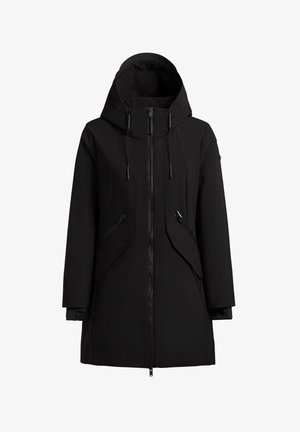 Abrigo largo de invierno negro con capucha, cremallera frontal, cordones ajustables y dos bolsillos laterales con cremallera, diseñado para clima frío.