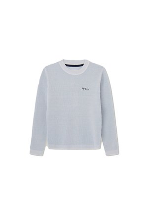 Suéter de manga larga azul claro con diseño de punto waffle texturizado, escote redondo y interior en contraste de color navy. Pequeño logotipo bordado en el pecho.