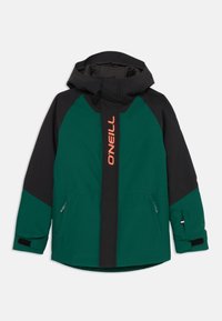 Hooded Winterjacke in grün und schwarz mit Frontreißverschluss, orangefarbenem O'Neill-Logo, zwei Reißverschlusstaschen und verstellbaren Handgelenkriemen.