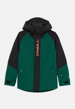 Hooded Winterjacke in grün und schwarz mit Frontreißverschluss, orangefarbenem O'Neill-Logo, zwei Reißverschlusstaschen und verstellbaren Handgelenkriemen.