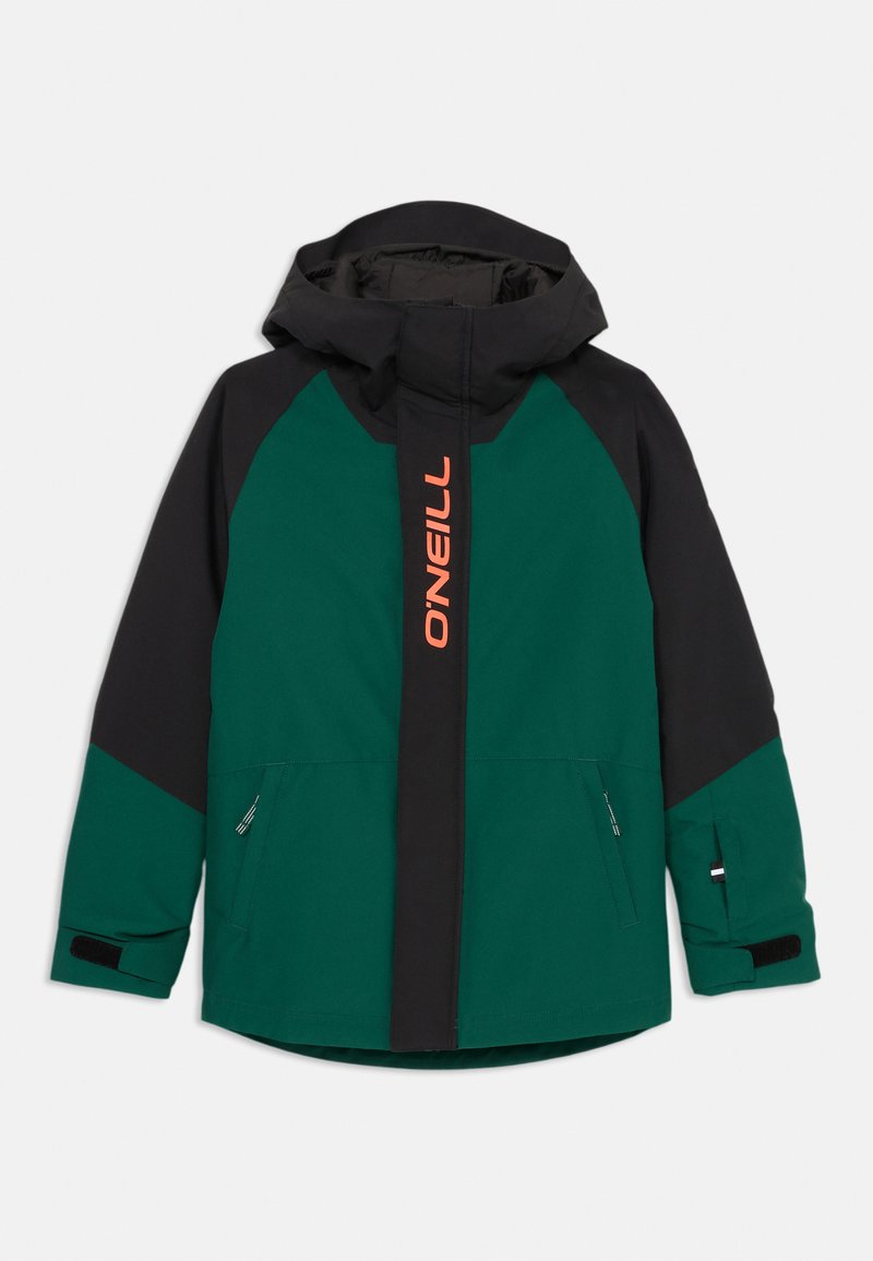 Hooded Winterjacke in grün und schwarz mit Frontreißverschluss, orangefarbenem O'Neill-Logo, zwei Reißverschlusstaschen und verstellbaren Handgelenkriemen.