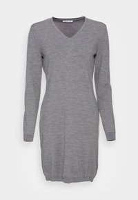 Robe en tricot grise à manches longues et décolleté en V. Forme ajustée avec un ourlet arrondi. Texture lisse et design minimal.