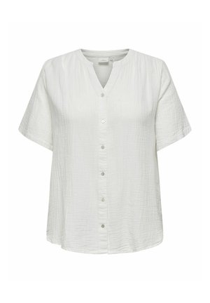 Valge lühikeste varrukate ja V-kujuline kaelusega blouse, millel on tekstureeritud kangas, ees nupuga sulgemine ja lõdvestunud siluett.