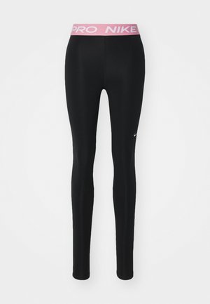 Sorte leggins med en tætsiddende design, elastisk lyserød talje med teksten "PRO NIKE" og lille hvid Nike-logo på fronten.