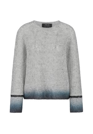 Gray knit sweater with a soft texture, featuring a gradient from gray to blue at the hem and black accents on the cuffs and bottom.