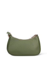 Borsa a mano in pelle verde con texture liscia, forma arrotondata, dettagli in metallo dorato e chiusura con cerniera. Dotata di una tracolla corta e staccabile.