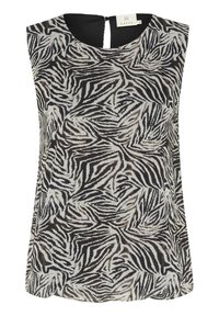 Top sans manches présentant un motif rayé noir et blanc type zèbre, avec un col rond et un petit détail d'ouverture à l'arrière. Tissu léger.