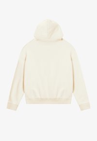 Cremfarbener Hoodie aus weichem Stoff. Verfügt über eine Kapuze, überschnittene Schultern, gerippte Bündchen und einen lässigen Schnitt. Minimalistisches Design, keine Muster.