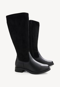 Black knee-high boots featuring a combination of smooth leather and soft suede, with a side zipper and a low block heel.