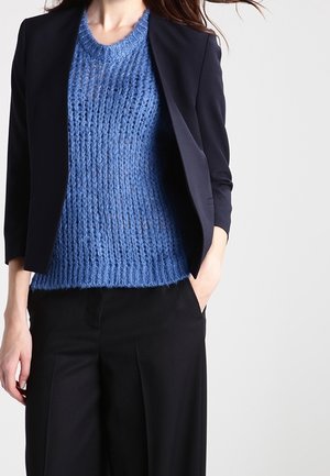 Persoon draagt een doorschijnende blauwe gebreide trui onder een zwarte open blazer met zwarte broek, staand met één hand in de zak tegen een effen achtergrond.