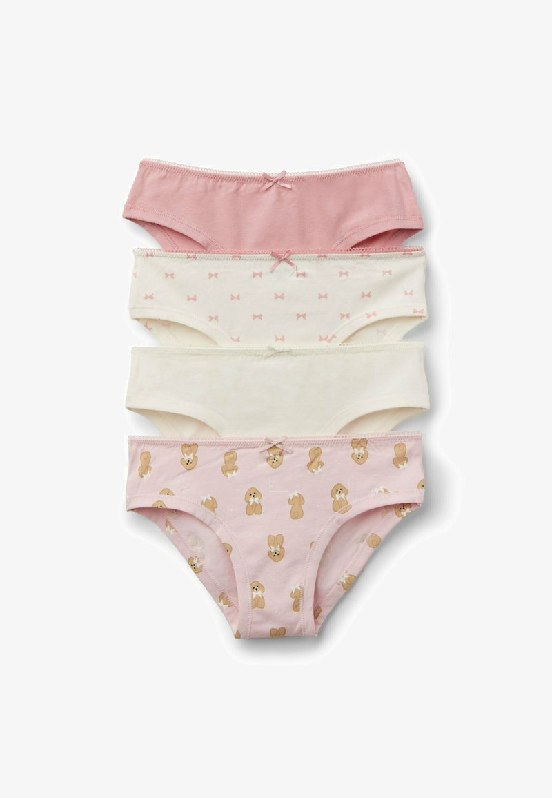 Vier Paare Kinderunterhosen: hellrosa mit Schleifen, weiß mit rosa Schleifen, schlicht hellrosa und rosa mit Hasendrucken. Aus Baumwollstoff, ohne Etikett.