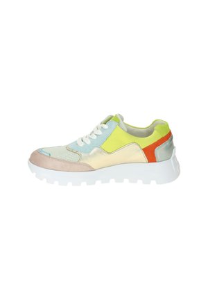 Low-top sneaker with white sole, multi-color panels in light blue, yellow, metallic gold, orange, and beige, and white laces.