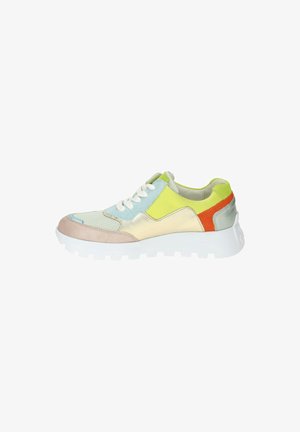 Low-Top-Sneaker mit weißer Sohle, mehrfarbigen Einsätzen in Hellblau, Gelb, Metallic-Gold, Orange und Beige sowie weißen Schnürsenkeln.