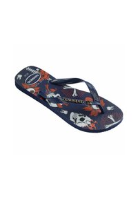 Infradito navy con suola in gomma testurizzata, caratterizzati da un design grafico di teschi, fiori e ossa con accenti rossi e bianchi.