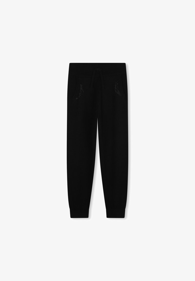 Pantalons de joggings noirs avec taille à cordon, poches latérales et accents décoratifs subtils près des poches. Tissu doux avec une coupe fuselée.
