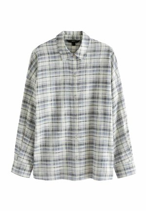 Chemise à manches longues boutonnée avec motif à carreaux bleu et gris et col classique sur fond blanc.