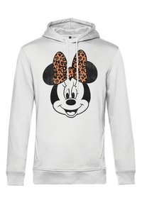 Sudadera gris con un gráfico de Minnie Mouse en blanco y negro y un lazo de estampado de leopardo. Textura suave, bolsillo tipo canguro, cordones ajustables.
