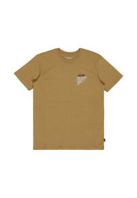 Korte mouw, ronde hals T-shirt van beige katoen. Voorzijde voorzien van een grafisch ontwerp in blauw en rode tekst, met een klein logovlaggetje op de zoom.