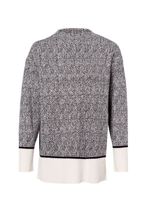 Schwarzer und weißer Pullover mit Fischgrätmuster, geripptem Saum und langen Ärmeln. Weicher Stoff mit leichtem Stretch.