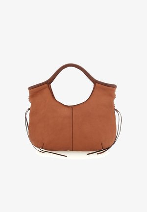Borsa a mano in pelle marrone con una texture morbida, manici arrotondati e dettagli con cordoncino sui lati. Dotata di un design minimalista e non strutturato.