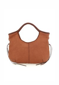 Borsa a mano in pelle marrone con una texture morbida, manici arrotondati e dettagli con cordoncino sui lati. Dotata di un design minimalista e non strutturato.