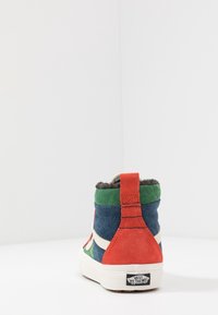 Baskets montantes en daim multicolore vert, rouge, bleu et crème, dotées d'une semelle blanche et d'une doublure intérieure duveteuse.