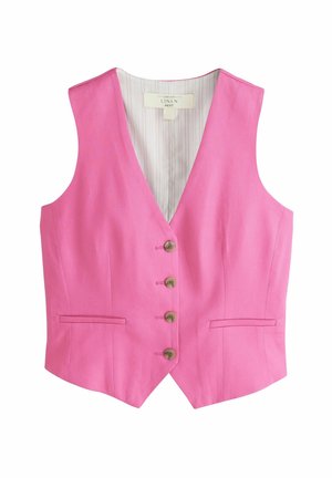 Pink linen sleeveless vest with V-neck, four brown buttons down the front, two front slit pockets, and striped inner lining.