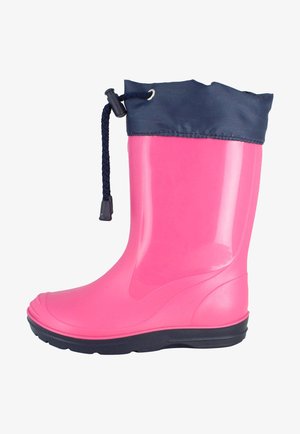 Roze rubberen regenlaars met een marineblauwe stofrand en een verstelbare trekkoord, voorzien van een gestructureerde zool voor grip en een gladde buitenkant.