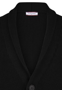 Zwarte gebreide cardigan met een diepe V-hals, ribbelstructuur en een enkele knopenluiting. Label leest "FELIX HARDY" met maat "M."