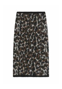 Stickad pennkjol med ett leopardmönster i nyanser av brunt, svart och grått, med en mjuk, texturerad yta.