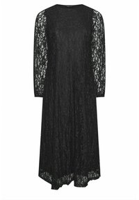 Svart spetsklänning med långa ärmar och rundad halsringning. Tyget har ett blommönster, med en flödande design och scalloped fåll.