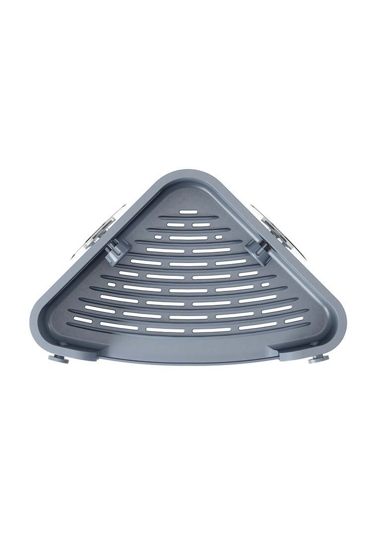 Trójkątna szara misa o teksturowanej powierzchni i równomiernie rozmieszczonych otworach odpływowych; posiada trzy przyssawki zapewniające pewne mocowanie.