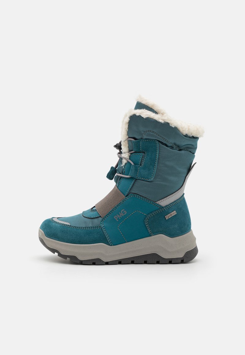 Blå isolerte støvler med semsket skinn og tekstilmaterialer, kunstig pelskant, elastisk snøring og formet grå gummisåle. Justerbar midtsålestraps.