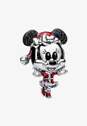 Minnie-Maus-Anhänger aus silberfarbigem Metall, mit roten und schwarzen Akzenten sowie Glitter. Das Design umfasst einen Weihnachtsmannhut und Details zu festlicher Kleidung.