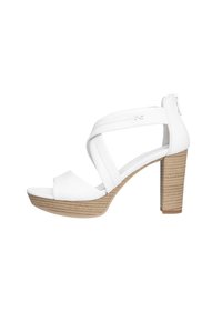 White high-heeled sandal made of smooth synthetic material, featuring cross straps, a peep toe, and a textured beige platform sole.