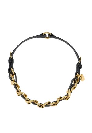 Black leather choker featuring a twisted gold chain detail and a small gold charm, with adjustable clasp for fit.