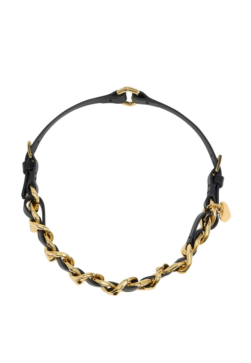 Schwarzes Lederchoker mit einem verdrehten goldenen Kettendetail und einem kleinen goldenen Anhänger, mit verstellbaremverschluss für die Passform.