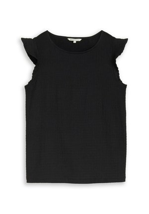 Black sleeveless textured top with small ruffled cap sleeves and round neckline, size small.