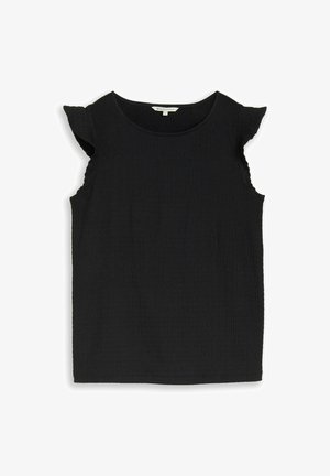 Black sleeveless textured top with small ruffled cap sleeves and round neckline, size small.