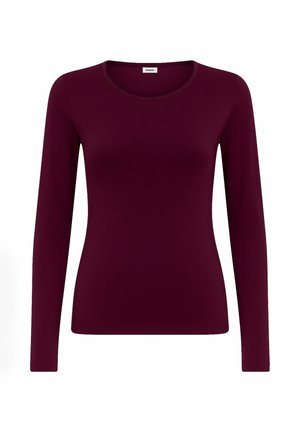 Top fitted a maniche lunghe color bordeaux, scollatura rotonda, texture liscia, tessuto elasticizzato, senza motivi o accenti visibili.
