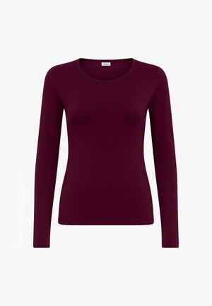Top fitted a maniche lunghe color bordeaux, scollatura rotonda, texture liscia, tessuto elasticizzato, senza motivi o accenti visibili.