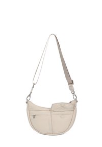 Borsa a spalla beige realizzata in morbido tessuto, dalla forma curva, con due tasche frontali con chiusura a scatto, tracolla regolabile e accessori in argento.