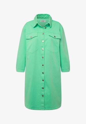 Vestido de camisa verde con botones, hecho de algodón, que presenta mangas largas, dos bolsillos frontales, botones plateados y un cuello con solapa.