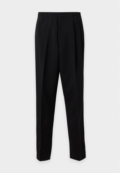 Pantalon formel noir sur mesure avec jambes droites et devant plat, présenté sur un fond clair uni.