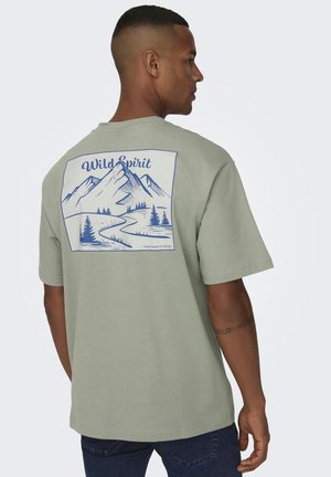 Lichtgroene t-shirt met korte mouwen, voorzien van een grafische afbeelding van een blauwe berglandschap op de achterkant met de tekst "Wild Spirit." Gemaakt van een katoenmix.